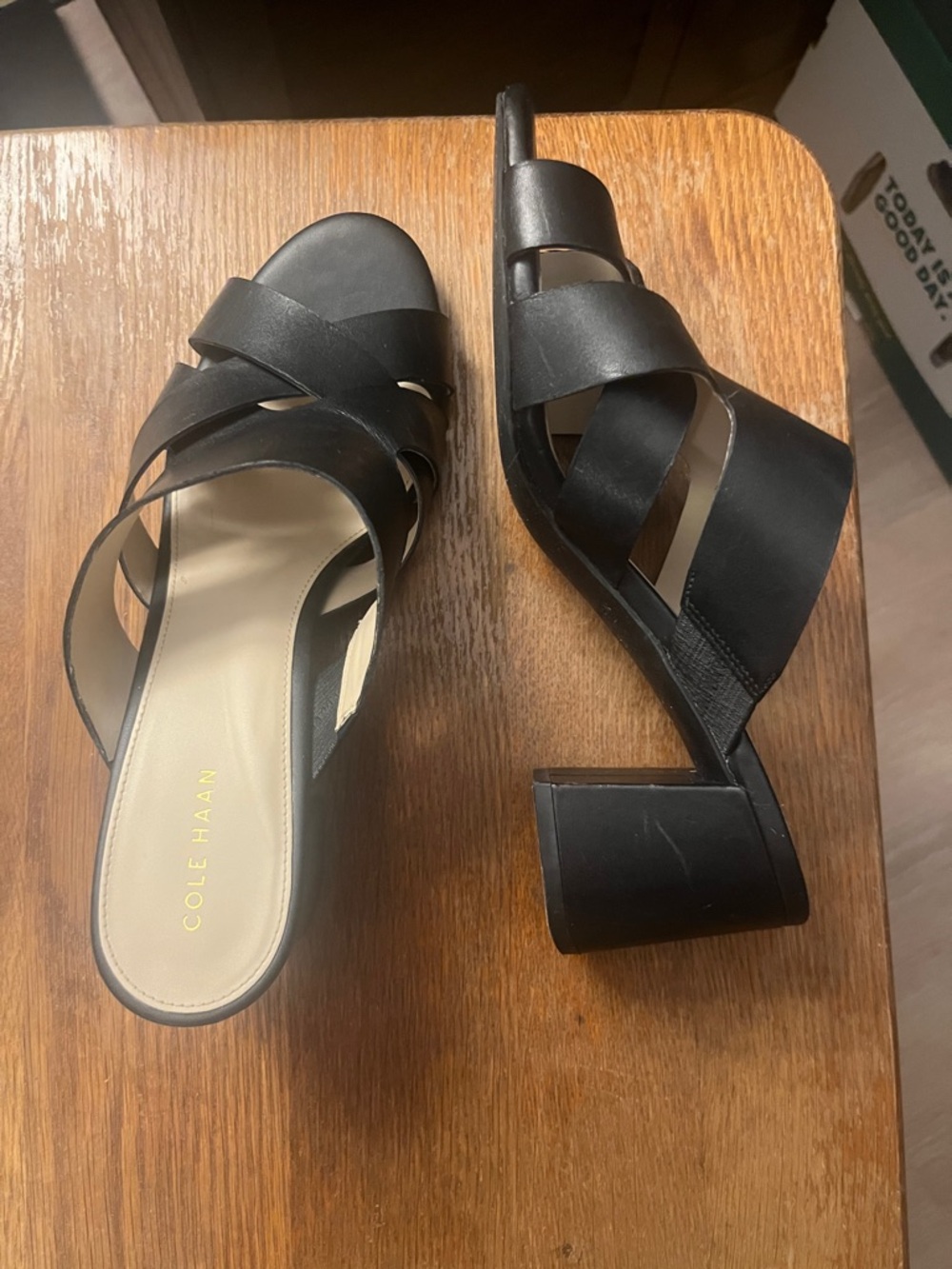 Cole Haan Black Leather Crisscross Strap Block Heel Mules